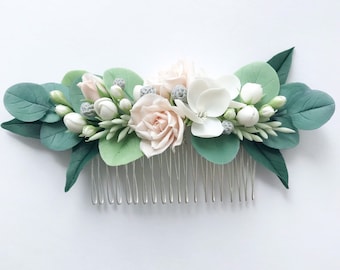 Bridal ivory flower hair comb Eucalyptus hair piece bridal hair piece ucculent head piece greenery hair comb succulent hair comb greenery