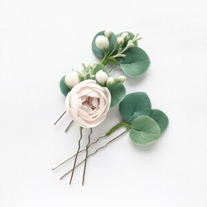 Set of 3 bridal flower hair pins eucalyptus hair piece blush hair piece greenery head piece bridesmaids hair accessory brides hairpiece image 4