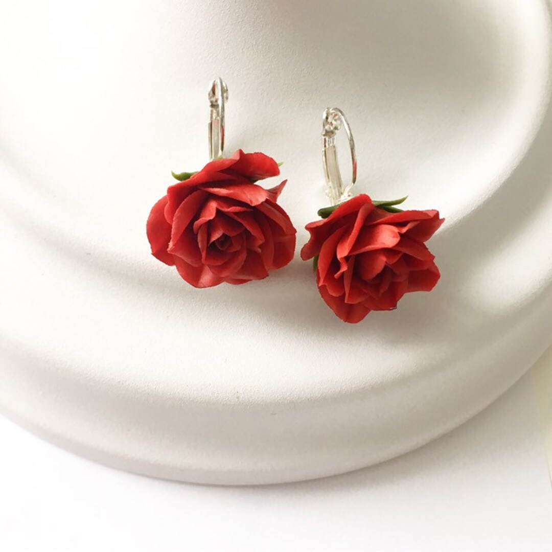 Red Rose Earrinngs Red Earrings Red Flower Earrings Floral Earrings ...