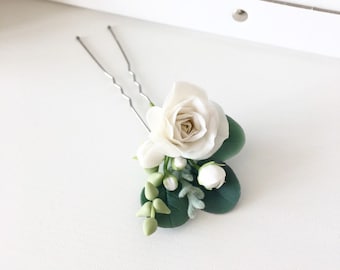 Eucalyptus bridal hair piece ivory green hair piece flower hair pin succulent hair piece greenery head piece bridal hair pin wedding hairpin