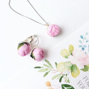 Pink peony jewelry set handmade Pink peony Pendant Pink peony earrings Floral Jewelry set for Girls bridal Jewelry set Gift for her