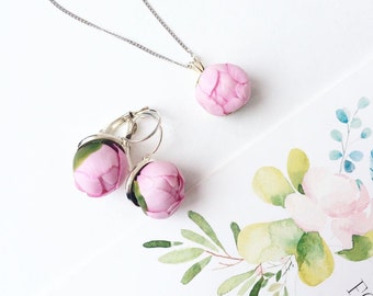 Pink peony jewelry set handmade Pink peony Pendant Pink peony earrings Floral Jewelry set for Girls bridal Jewelry set Gift for her