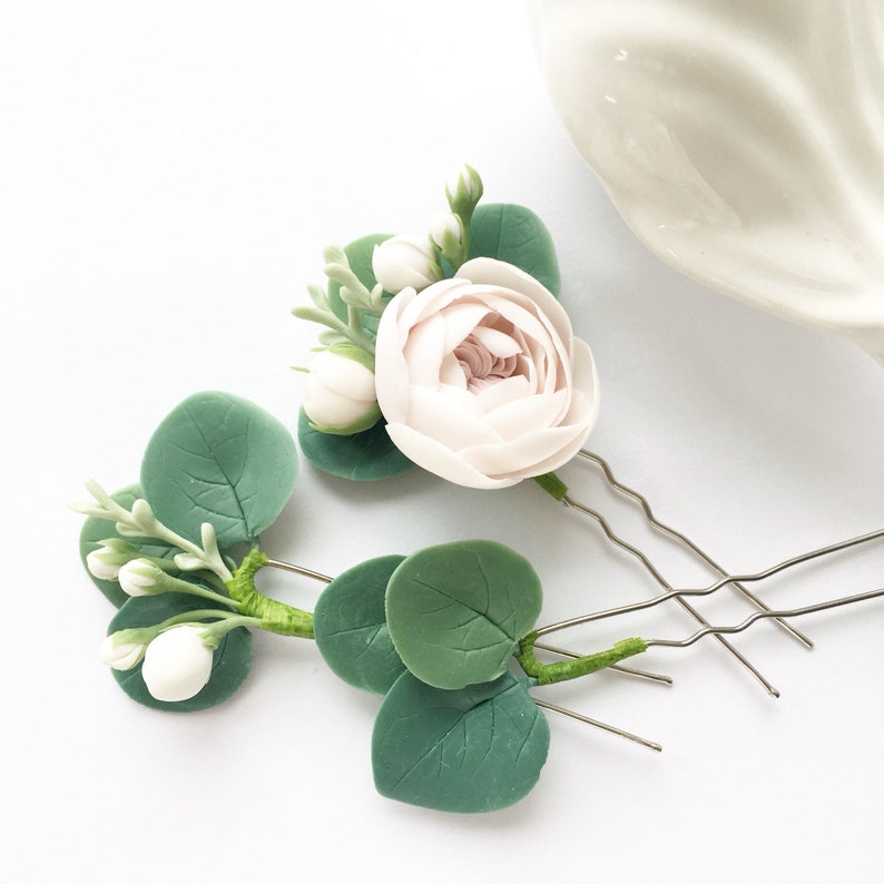 Set of 3 bridal flower hair pins eucalyptus hair piece blush hair piece greenery head piece bridesmaids hair accessory brides hairpiece image 2