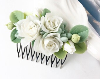 Succulent hair comb ivory flower hair comb floral hair piece bridal comb succulent wedding green flower head piece white and mint wedding