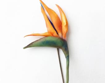 Tropical flower pin Bird of Paradise orange flower lapel pin tropical wedding Strelitzia flower button hole grooms boutonniere man lapel pin