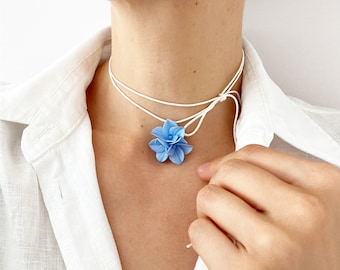 Blue flower chocker hydrangea pendant flower  floral chocker blue hydrangea necklace flower jewerly gift for girl