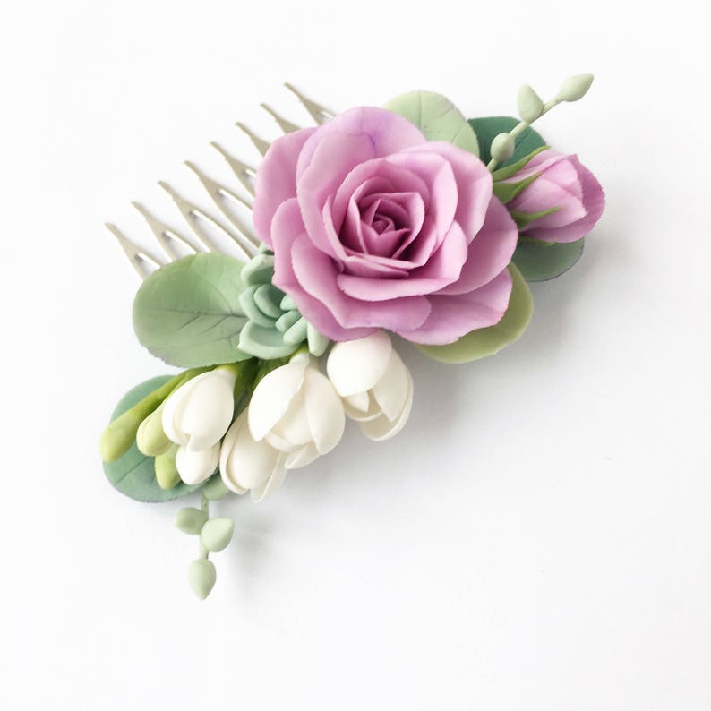 Purple rose hair comb succulent hair comb lilac flower hair piece wedding hair comb mint and purple wedding headpiece bridal comb succulent
