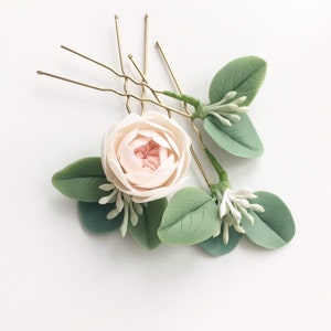 Set of 3 bridal eucalyptus blush hair pins floral hair pieces greenery hair pieces succulent bridal hair pin green leaves hair stick bridal