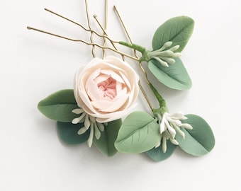 Set of 3 bridal eucalyptus blush hair pins floral hair pieces greenery hair pieces succulent bridal hair pin green leaves hair stick bridal