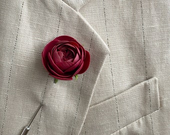 Burgundy  flower lapel pin flower boutonniere wedding lapel pin dark red buttonhole grooms lapel pin suit lapel pin rose men brooch