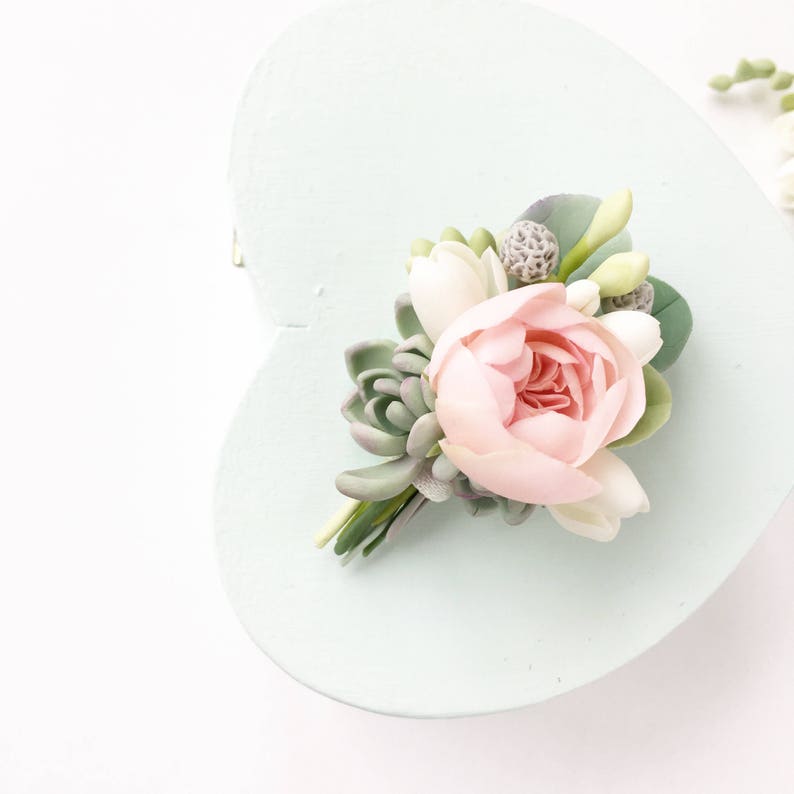 Blush succulent wedding set bridal hair comb blush succulent hair comb wedding boutonniere Flower button hole mint succulent bridal comb image 5