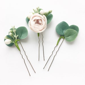 Set of 3 bridal flower hair pins eucalyptus hair piece blush hair piece greenery head piece bridesmaids hair accessory brides hairpiece image 1