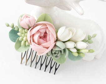 Blush succulent wedding set bridal hair comb blush succulent hair comb wedding boutonniere Flower button hole mint succulent bridal comb