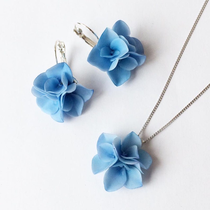 Blue hydrangea jewelry set blue hydrangea Pendant blue hydrangea earrings Floral Jewelry set for Girls bridal Jewelry set Gift for her