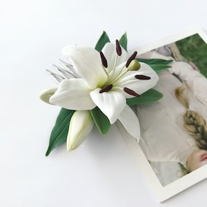 Lily hair comb ivory flower hair comb greenery hair comb ivory hair piece bridal hair piece flower head piece