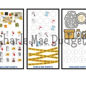 May include: Three framed prints with a crime scene theme. The prints feature illustrations of evidence, including fingerprints, magnifying glasses, and crime scene tape. The text "Sharla Mae Budgets" and "Sharlamae Budgets" is visible at the bottom of the prints.