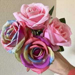 Rainbow Rose Light Pink Wedding Flower Glittered Single Stem Rose Matte Artificial Floral Arrangement Wedding Flower Blush Rose Mini Bouquet