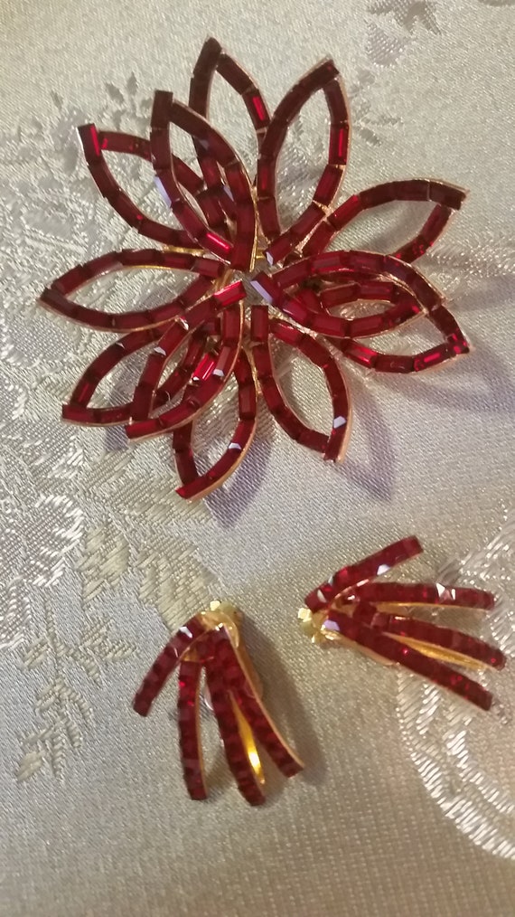 Red Rhinestone Floral Brooch and Earrings