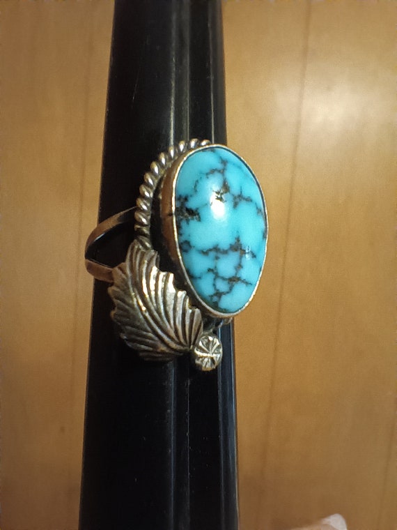 Light Blue Sky Vintage Native American Navajo Turquoise Sterling Silver Leaf Ring Old Light Blue Sky Vintage Native American Navajo Turquoise Sterling Silver Leaf Ring Old