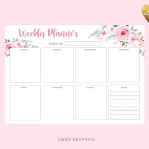 Può includere: Un planner settimanale stampabile con un design floreale con rose rosa e foglie verdi. Il planner ha spazi per ogni giorno della settimana, dal lunedì alla domenica, e una sezione note.