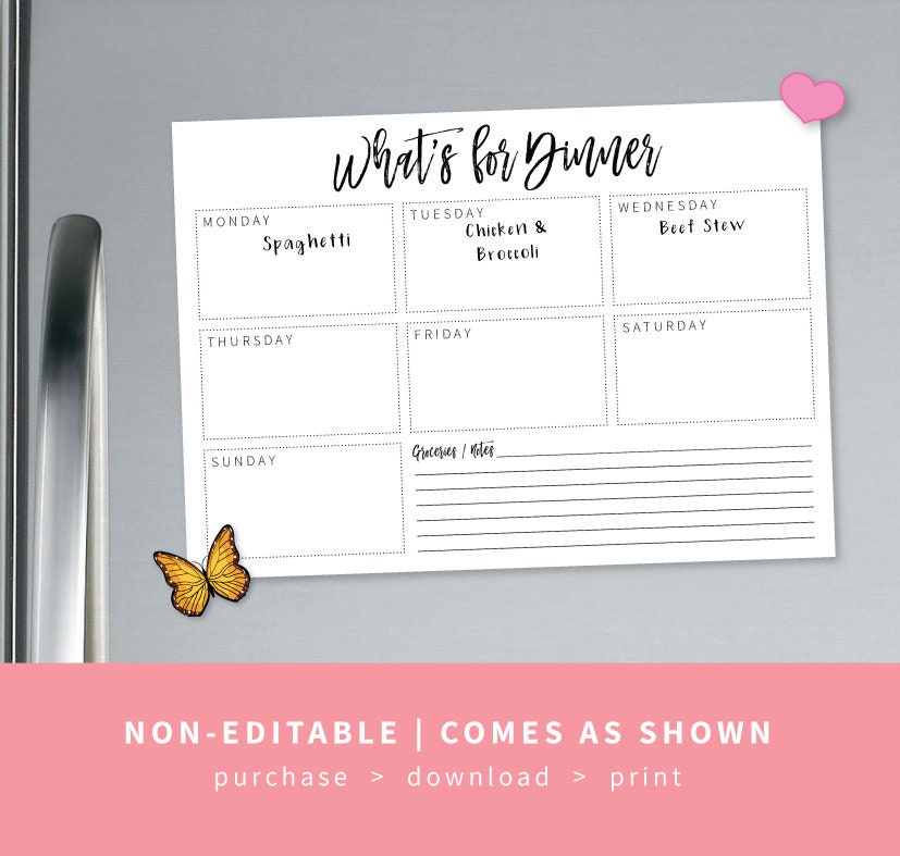 What's for Dinner Printable, Weekly Meal Planner, Home Organization
