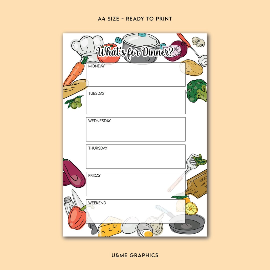 What's for Dinner Printable, Weekly Meal Planner, Home Organization
