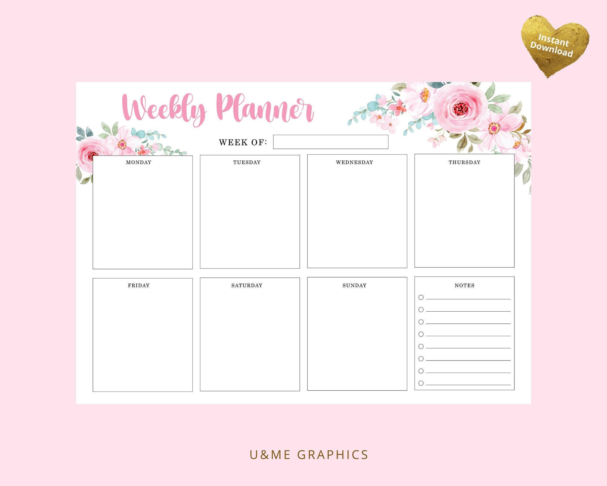 Blumen Wochenplaner, rosa Blumen, druckbarer Wochenplaner, 7 Tage Wochenplaner, druckbarer Organizer, | SOFORTIGER DOWNLOAD PDF