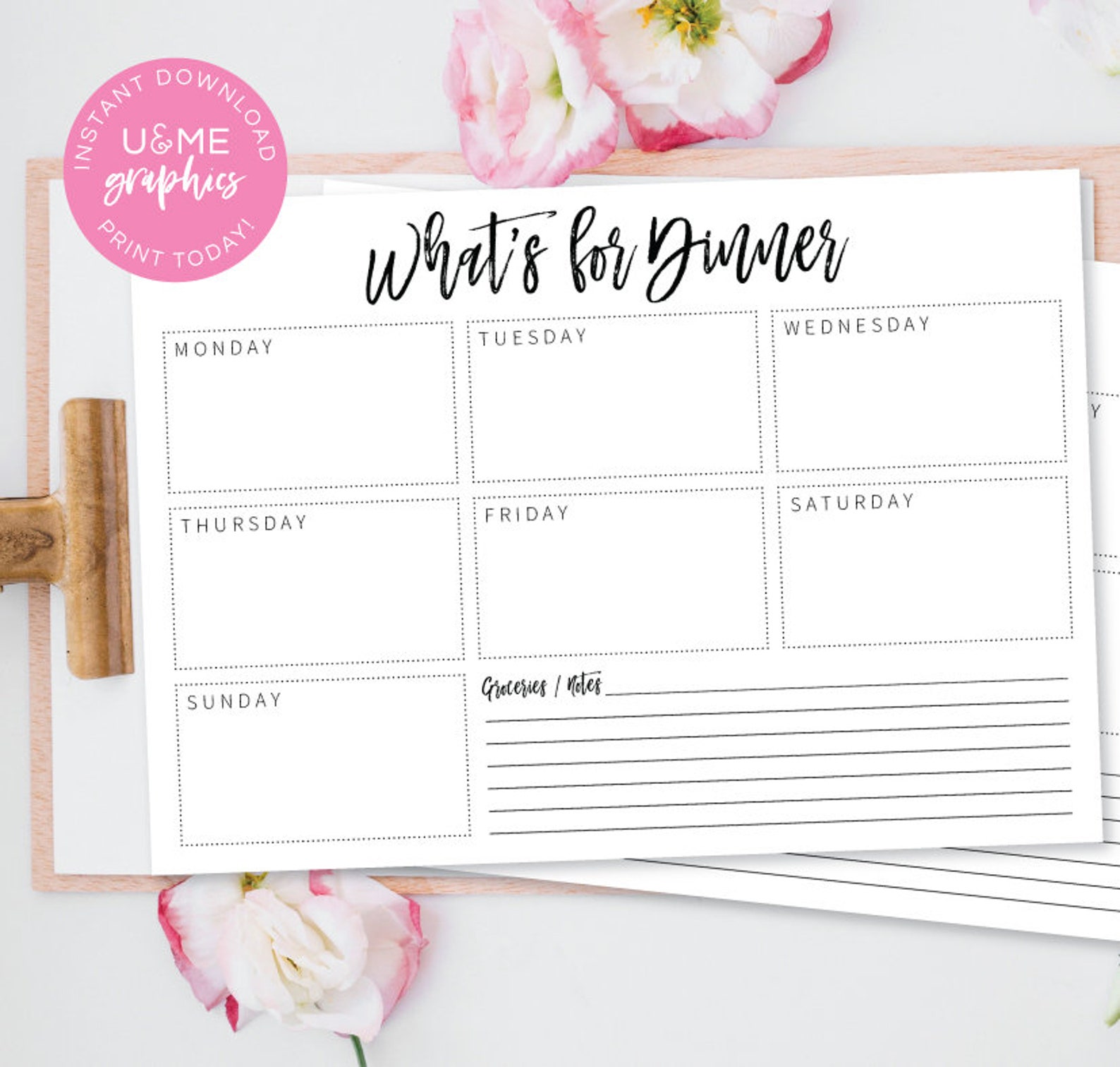 What's for Dinner Printable, Weekly Meal Planner, Home Organization