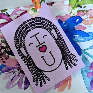 Juego de tarjetas de chica rizada / Tarjeta de personaje con trenzas / Tarjeta de felicitación morada / Tarjeta de "Te amo" / Tarjetas Black Maker / Navidad en julio