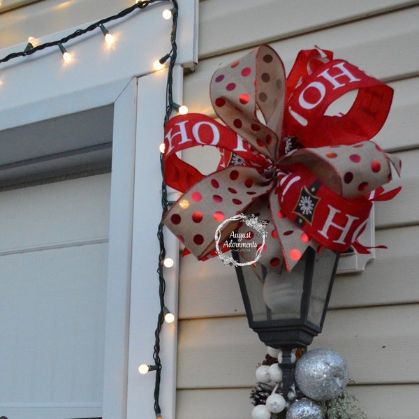 Santa Ho, Ho, Ho with Red Shiny Polka Dot Christmas Glitter Swag Bow. Mailbox topper. Outdoor Christmas Ribbon Garland Bow. Tree topper.