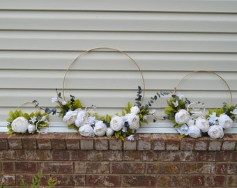 Set of 3 Gold Metal Hoop White Peony and Eucalyptus Wreath. Modern. Wedding Decor. Bridal Shower Decor. White Floral. Baby Nursery Decor.