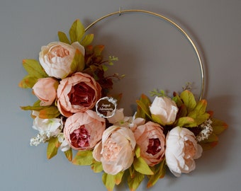 Gold Metal Hoop Peony Wreath Modern. Pink Peony Flowers. White Floral & Green Foliage. Wedding and Bridal Shower Decor. Baby Nursery Decor.