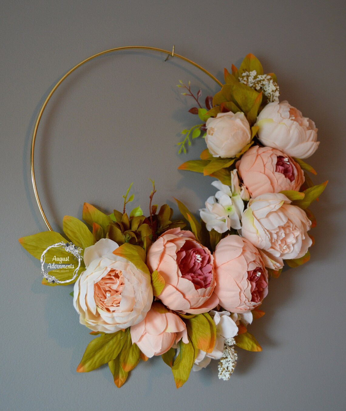 Gold Metal Hoop Peony Wreath Modern. Pink Peony Flowers. White Etsy