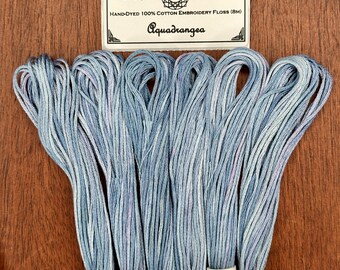 Aquadrangea Variegated Embroidery Floss Set Hand Dyed Embroidery Thread Set in Shades of Dusty Blue and Lavender