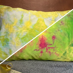 Sunny Springtime Hand Dyed Silk Pillowcase in Shades of Green Yellow Pink and Blue