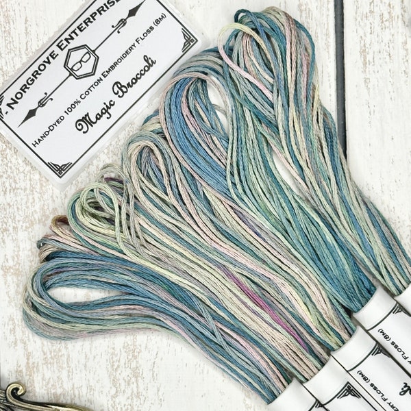 Magic Broccoli Variegated Embroidery Floss Hand Dyed Thread in Shades of Soft Purple Green and Yellow