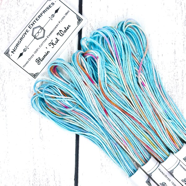 Flamin’ Hot Water Variegated Embroidery Floss — Hand Dyed Embroidery Thread in Shades of Pastel Blue with Red, Orange, and Yellow Sprinkles