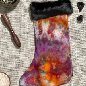 Halloween Sunset Hand Tie Dyed Halloween Stocking with Faux Fur Cuff