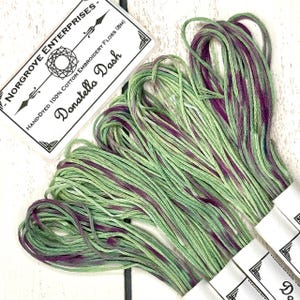 Donatello Dash Variegated Embroidery Floss Hand Dyed Cross Stitch Thread in Soft Dusty Green and Radical Purple