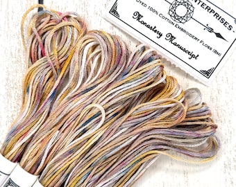 Monastery Manuscript Variegated Embroidery Floss Hand Dyed Cross Stitch Thread in Soft Ivory Tan and Dusty Pastel Colors