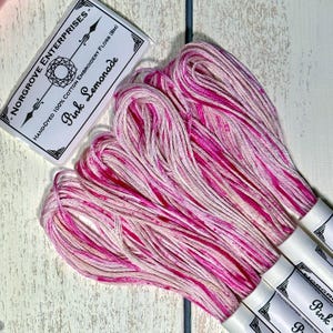 Pink Lemonade Variegated Embroidery Floss Hand Dyed Cross Stitch Thread in Ivory with Berry Pink Speckles