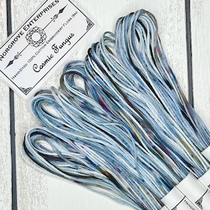 Cosmic Fungus Variegated Embroidery Floss Hand Dyed Embroidery Thread in Silvery Blue with Rainbow Speckles