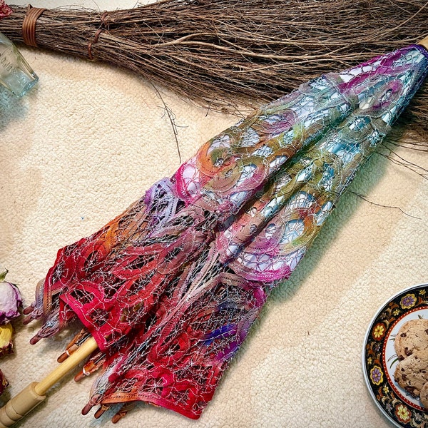 Rainbow Glasses Hand Dyed Lace Parasol— One of a Kind Handmade Design in Purple, Teal Blue, Red, Orange, Yellow, Green, Lavender, Fuschia
