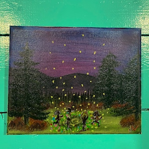 真夏の夜のダンス オリジナル油絵、ボブ・ロス風の妖精たちと風景を描いたユニークな作品