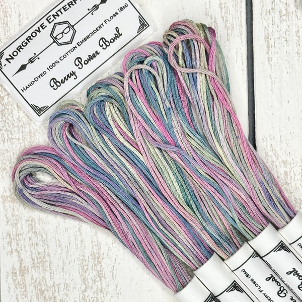Berry Power Bowl Variegated Embroidery Floss Hand Dyed Thread in Shades of Soft Purple Green and Yellow