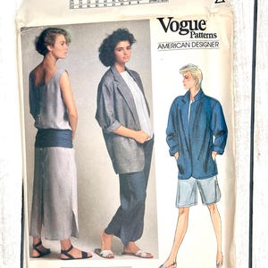 Vogue 1522 Perry Ellis Diseñador Conjunto de dos piezas para mujer: chaqueta, vestido, blusa, pantalón, talla 16, estampado vintage de 1985