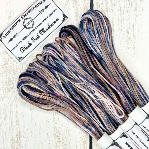 Black Tail Mushroom Variegated Embroidery Floss Hand Dyed Embroidery Thread in Shades of Pastel Orange and Soft Grey