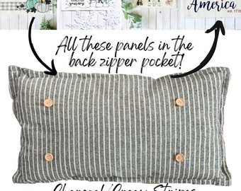 SEASONAL BUNDLE SET: Charcoal/Cream Stripes Pillow Thankful Pumpkins, Jack Frost Snowman, Farm Animals/Barn, America 1776