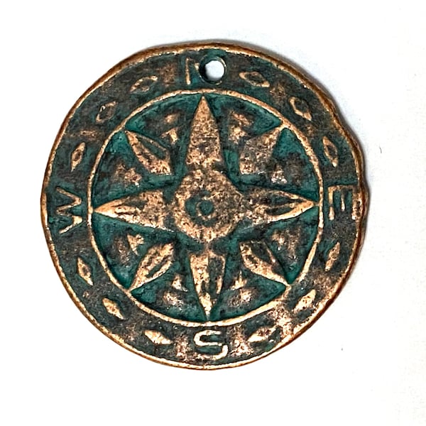 Vintaj Compass Pendant/Charm (1pc) Antique Copper Verdigris Vintaj Natural Brass 15mm