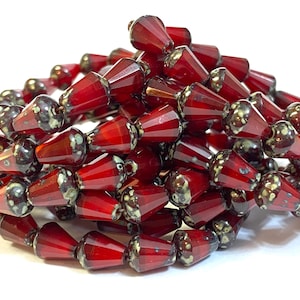 6x8mm Red Opaline/Picasso Faceted Drop Beads (15) Czech Designer Beads